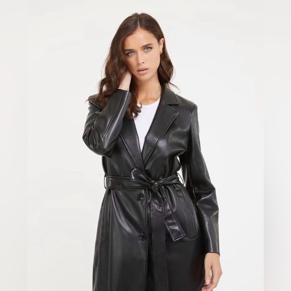 GUESS Between-Seasons Vegan Leather Coat 'Gea' in Black Size S\M - Picture 2 of 7